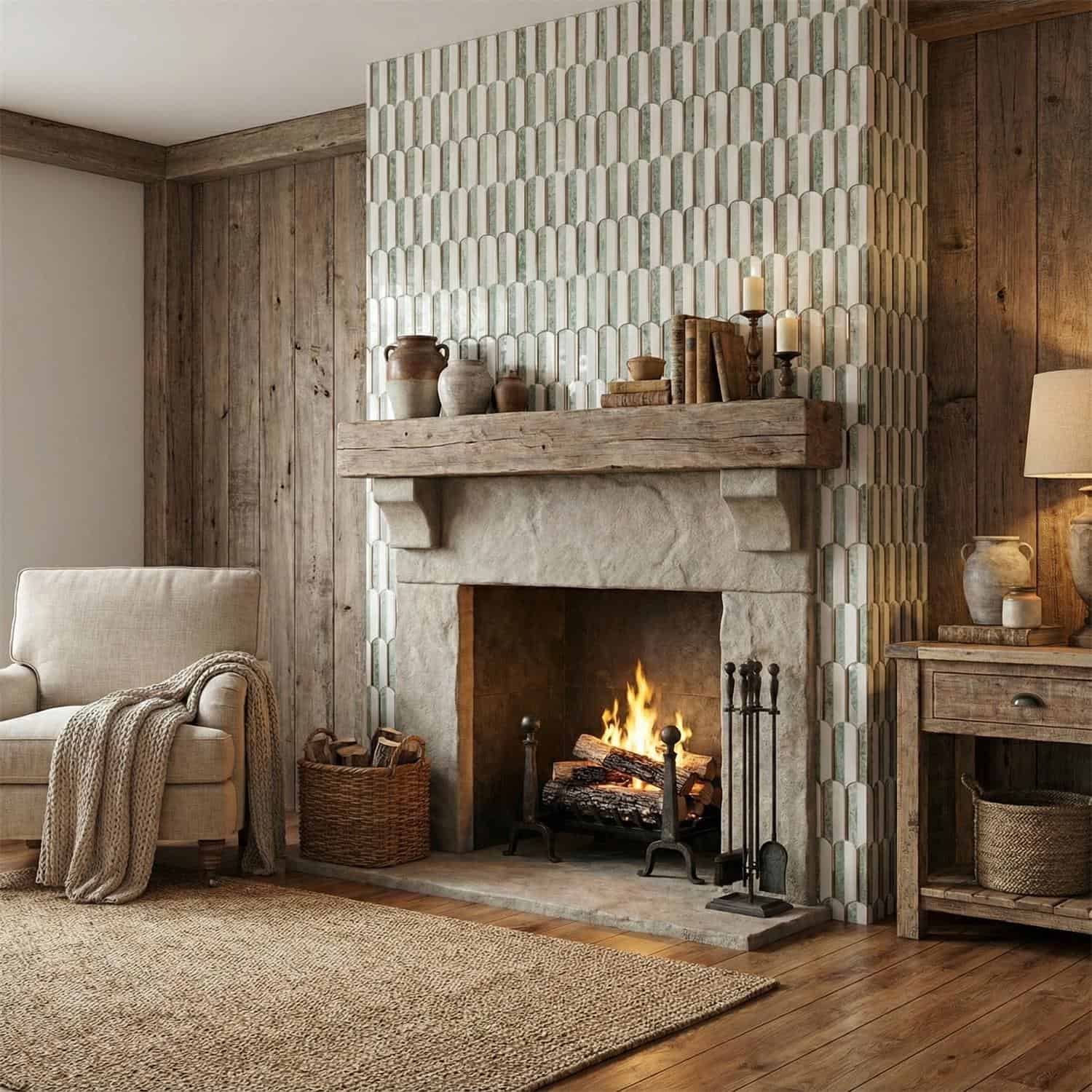 Fireplace with patterned tile, warm wooden walls, and cozy home decor.
