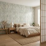 Green and white textured ceramic tile wall in a bedroom.