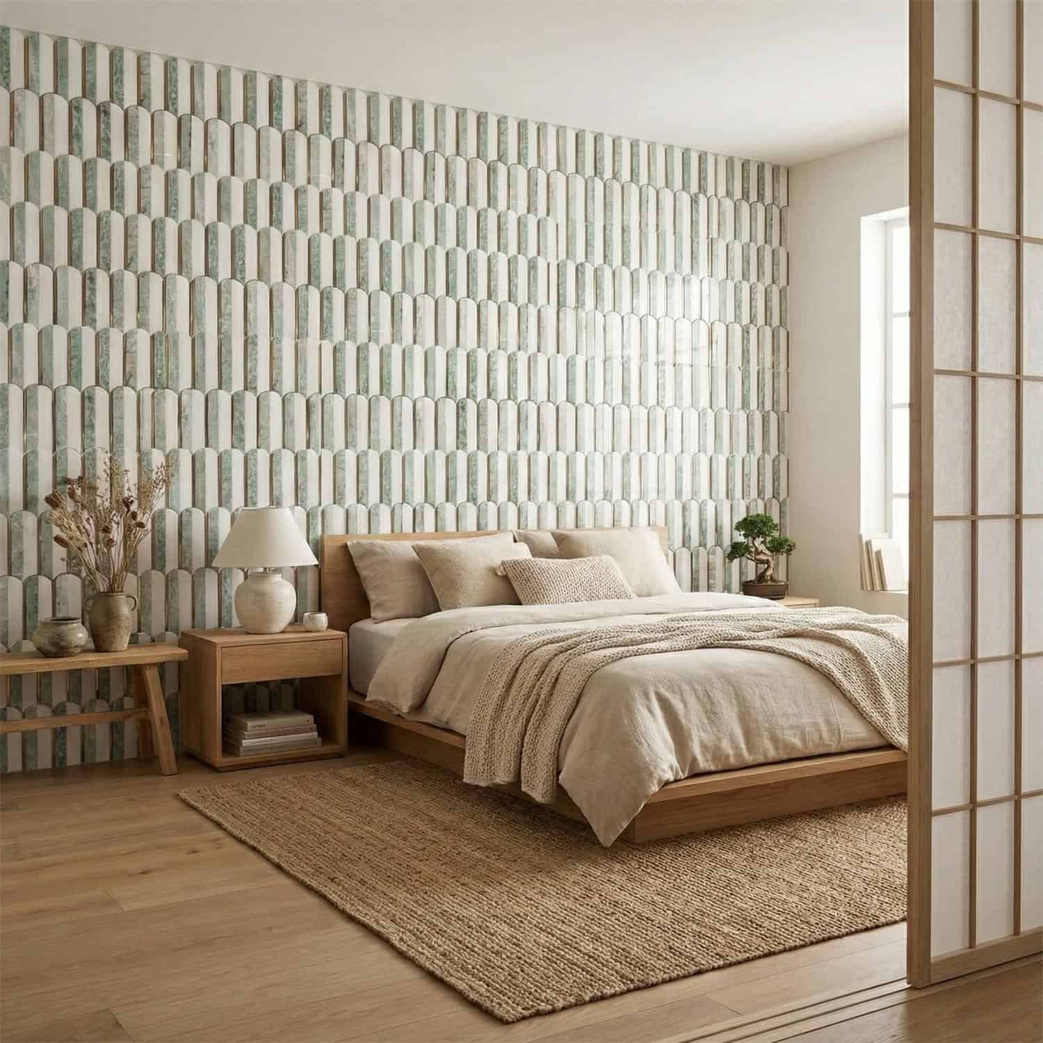 Green and white textured ceramic tile wall in a bedroom.