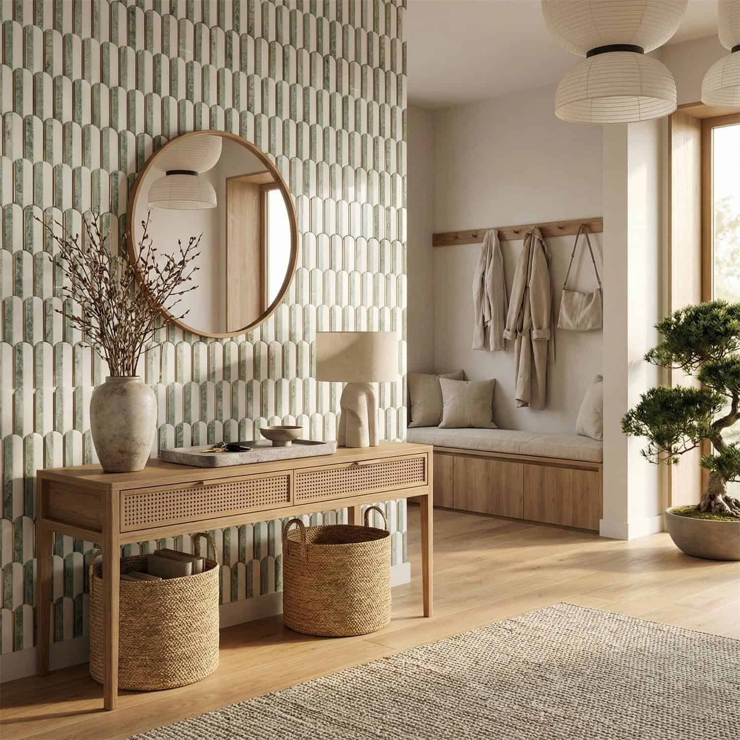 Geometric patterned tile in shades of beige and green, textured surface, in a cozy entryway with wooden furniture and plants.