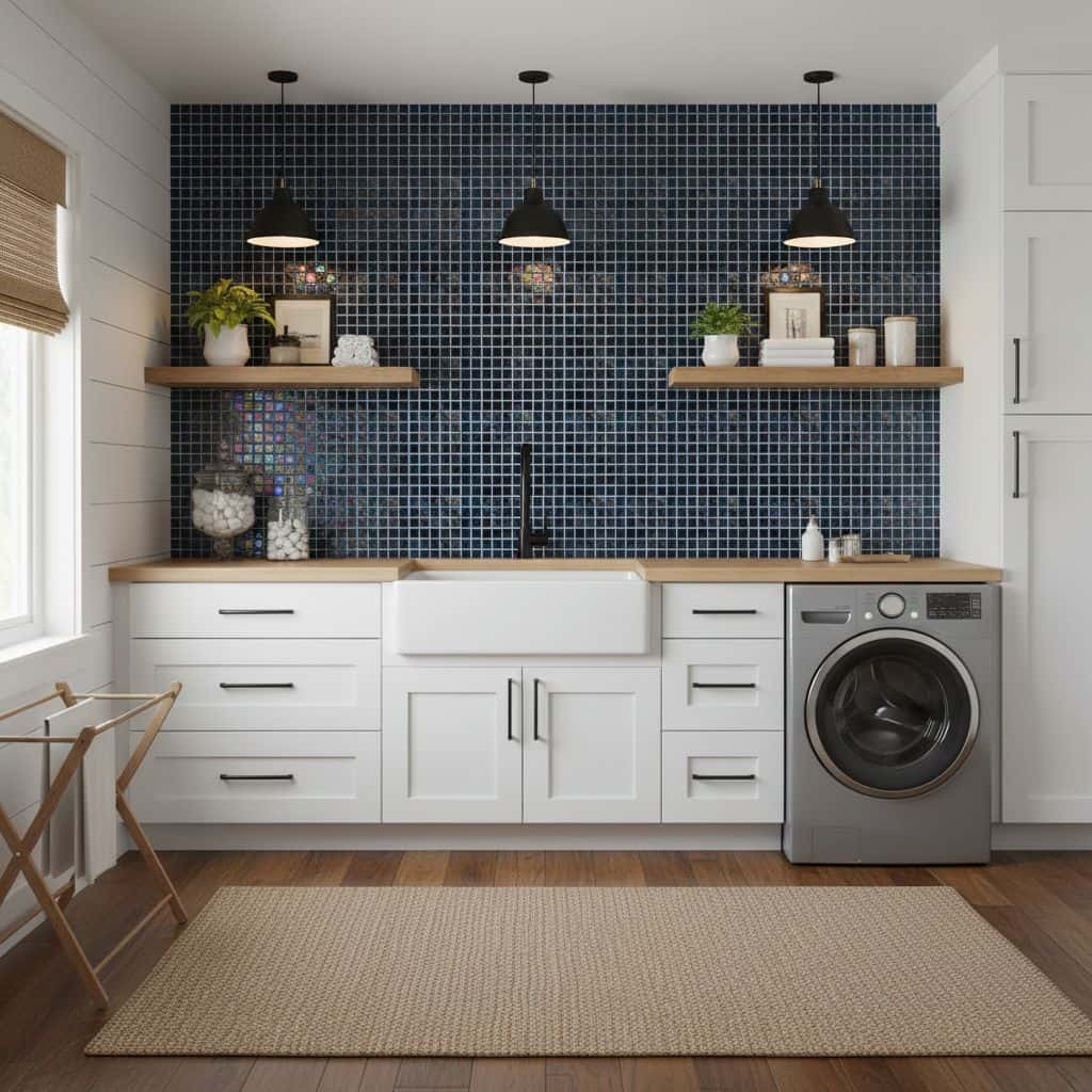 Bright laundry room with navy glass mosaic tile backsplash and white cabinetry.
