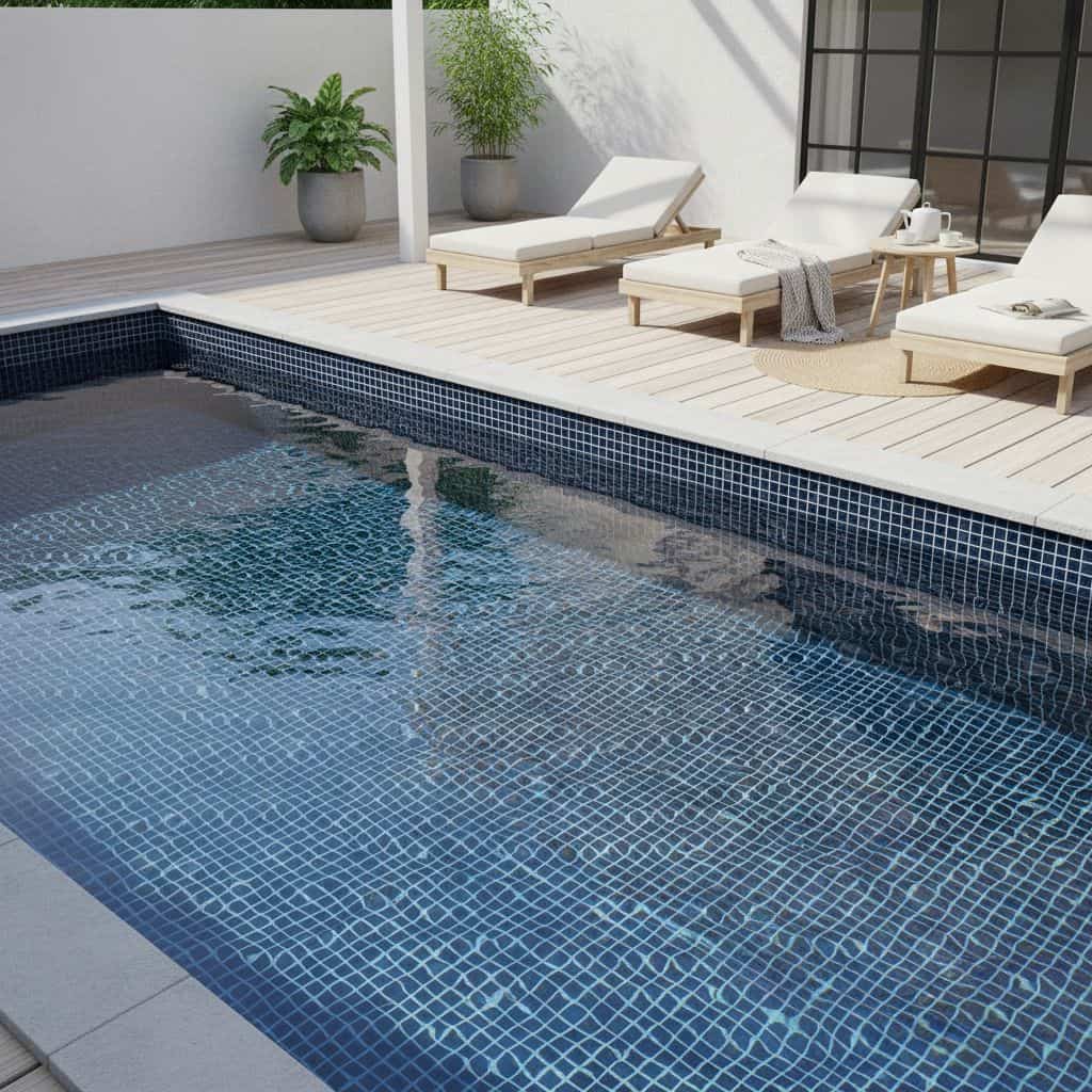 Pool with glass mosaic tile and poolside lounge chairs, modern outdoor space.