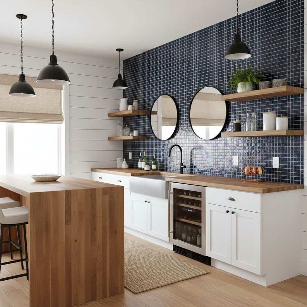 Modern kitchen with navy glass mosaic tile backsplash and white cabinetry.