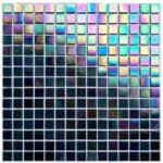 Holographic glass tile mosaic with iridescent finish, ideal for backsplashes, pools, and accent walls. Vibrant, reflective su.