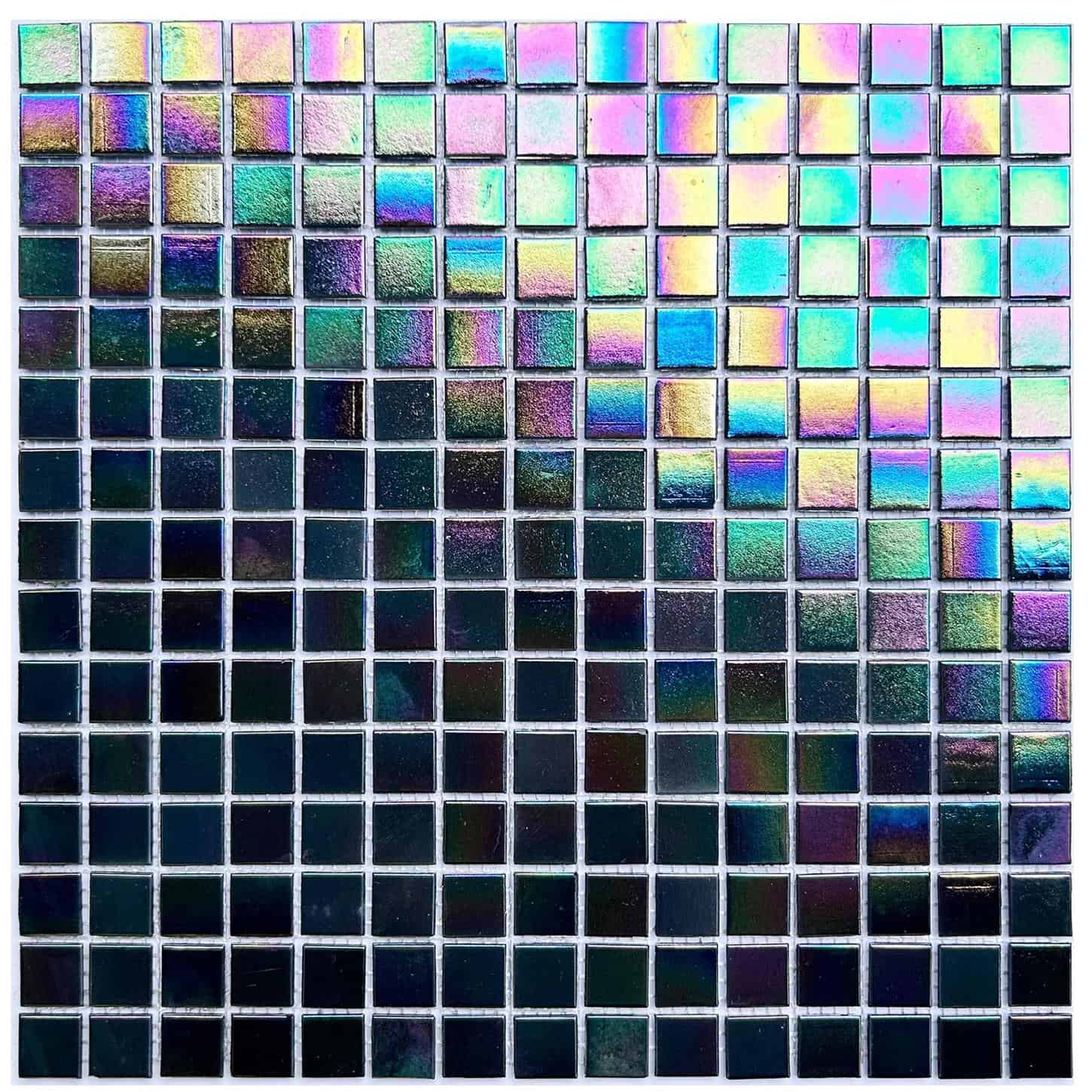 Holographic glass tile mosaic with iridescent finish, ideal for backsplashes, pools, and accent walls. Vibrant, reflective su.