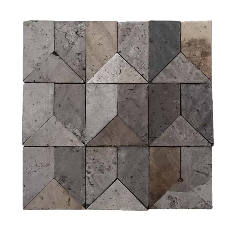 Gray and beige stone tiles with textured surface and geometric pattern.