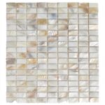 Mother of pearl shell tile with iridescent, shimmering surface, perfect for elegant wall or backsplash accents.
