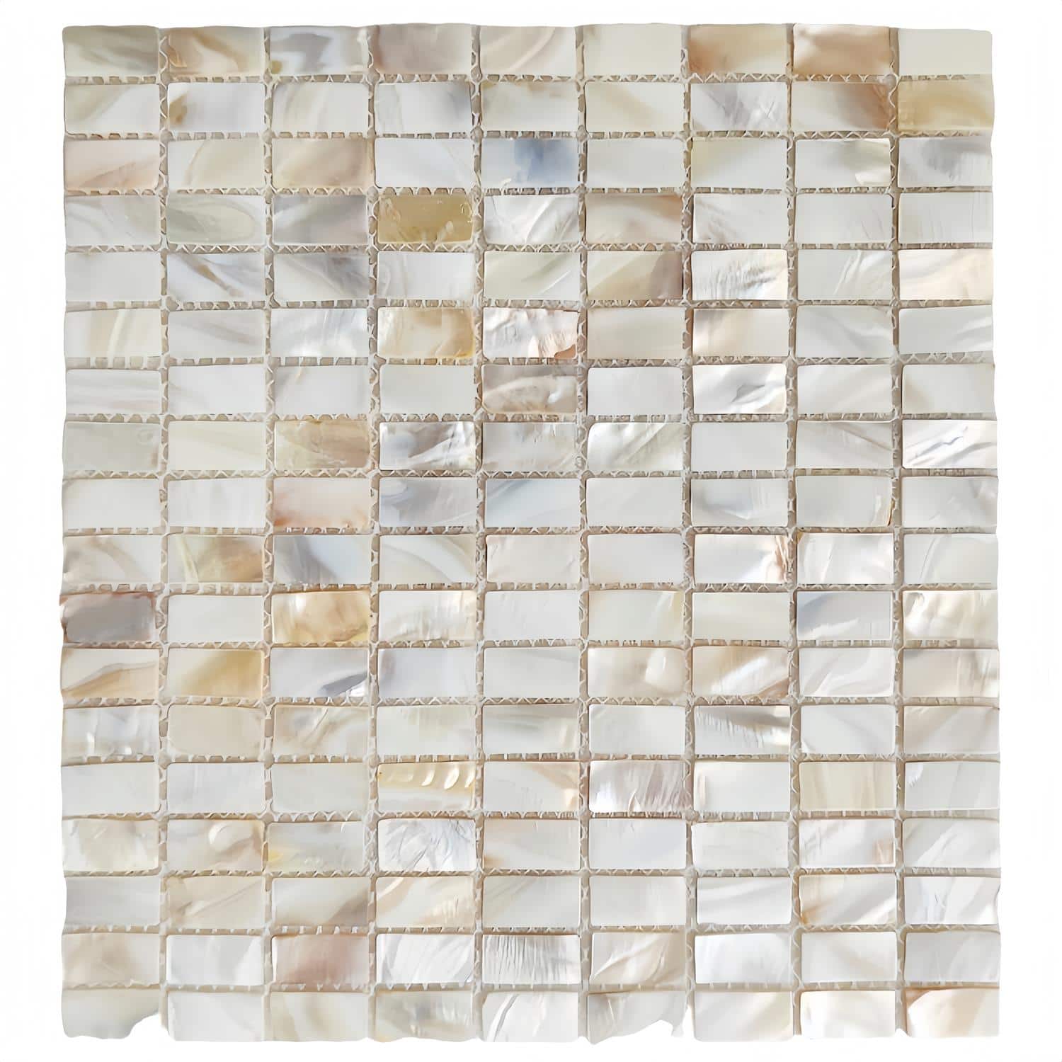 Mother of pearl shell tile with iridescent, shimmering surface, perfect for elegant wall or backsplash accents.