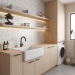 Bright laundry room featuring a glass tile backsplash, white farmhouse sink, and wooden cabinetry with a washing machine.
