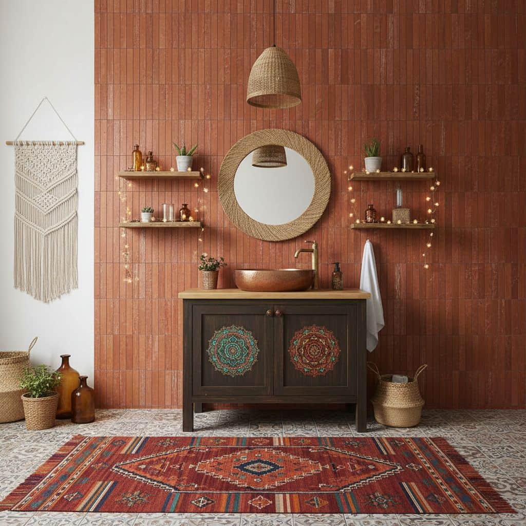 A bohemian bathroom featuring a terracotta tile wall, wooden accents, and decorative elements creating a warm, eclectic atmos.