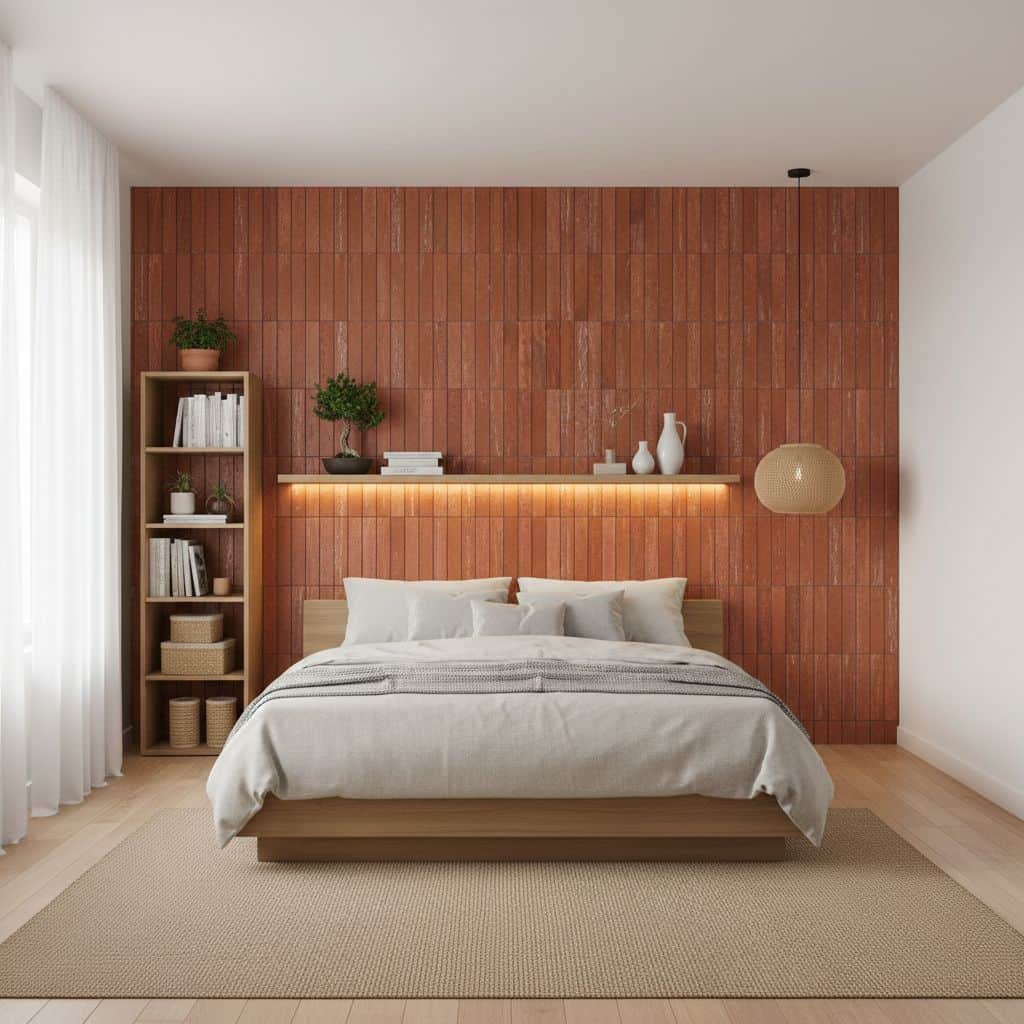 Red brick tiles with textured surface and matte finish.