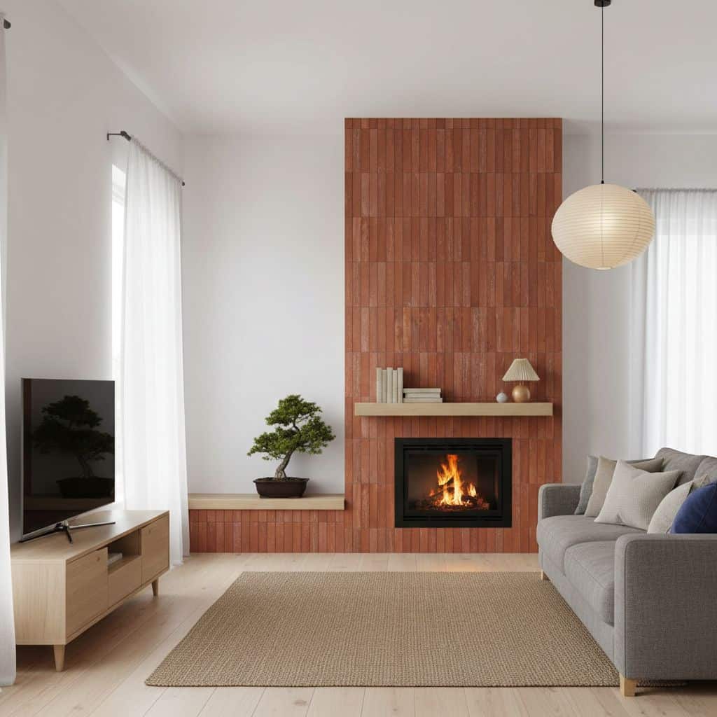 Brick wall with warm red tones and textured surface surrounding the fireplace.