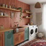 Colorful textured ceramic tiles in blue and terracotta with a matte finish.