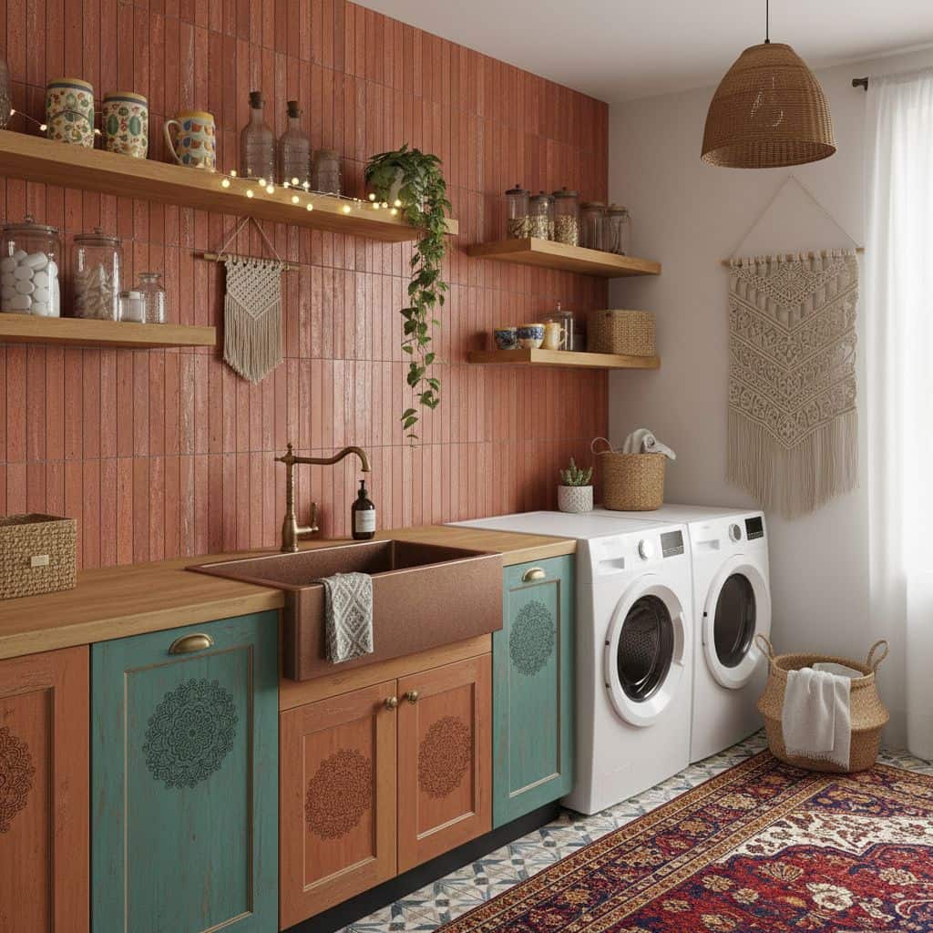 Colorful textured ceramic tiles in blue and terracotta with a matte finish.