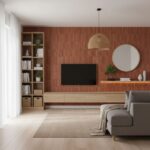 Red brick textured tile with a matte finish, used as an accent wall in a contemporary living room.
