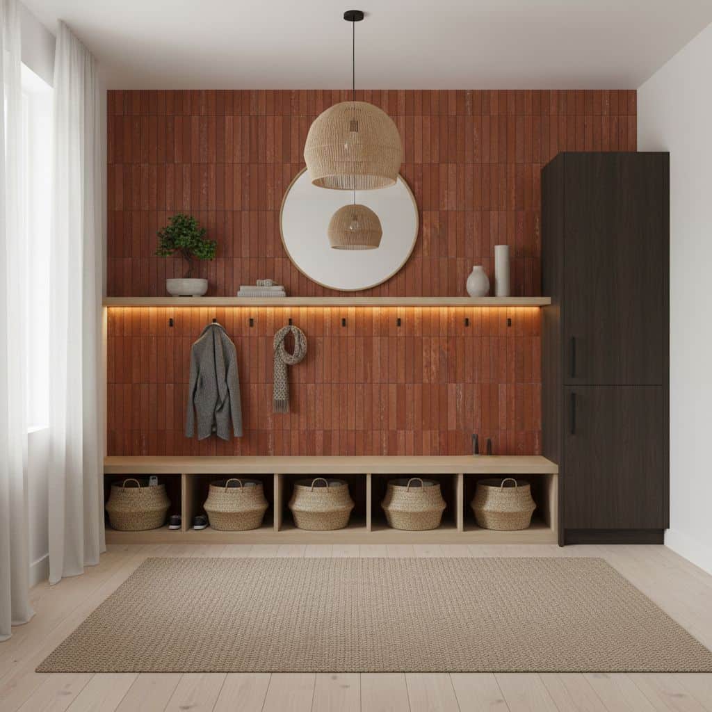 Warm terracotta textured tile wall with matte finish and subtle ridges, creating a cozy and inviting atmosphere.