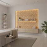 Wooden tile wall with warm lighting, beige and light brown tones, smooth texture, modern and calming design.