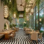Bright indoor dining space with lush green plants and large windows.