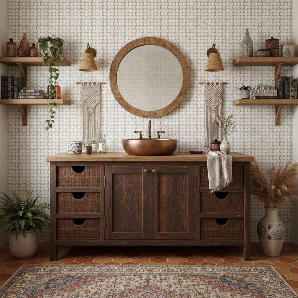 Wooden cabinet with copper sink and decorative wall mirror.