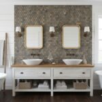 Light-colored hexagon tiles with a matte finish, textured surface, in shades of beige, brown, and gray.