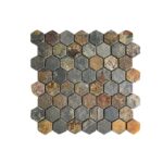 Colorful natural stone hexagon tiles with textured surface.