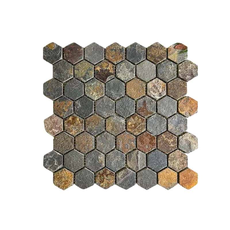 Colorful natural stone hexagon tiles with textured surface.