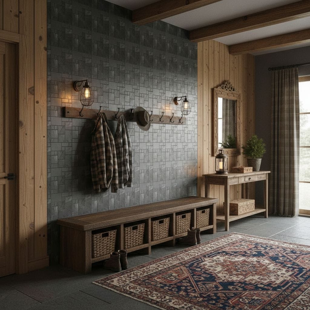 Slate gray textured wall tiles with a matte finish, complementing rustic wooden furniture and cozy decor.