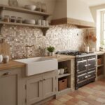 Kitchen with pearl shell tile backsplash and vintage stove.