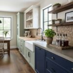 A modern kitchen featuring a shell tile backsplash, a farmhouse sink, and vibrant blue and mint green cabinets, creating a fr.
