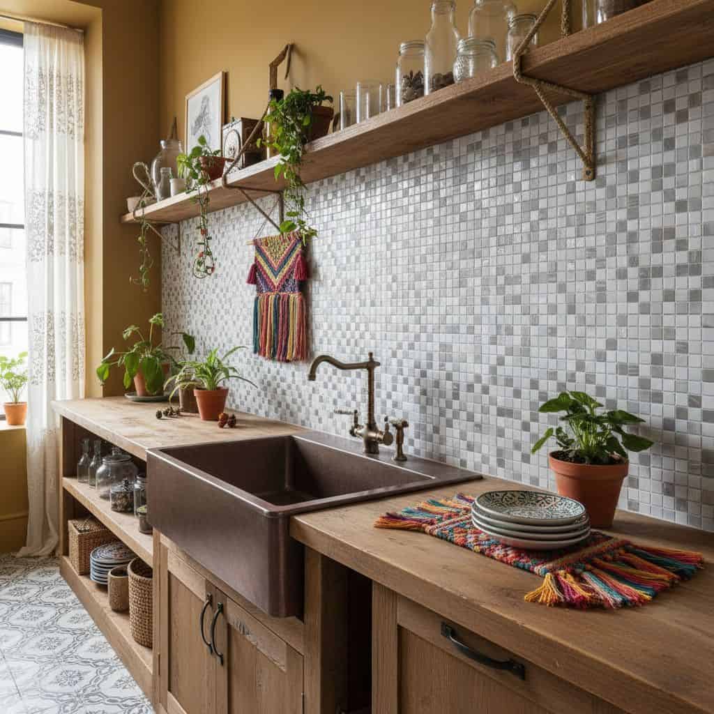 Bright kitchen featuring a glass tile backsplash and rustic wooden shelves with decorative jars.