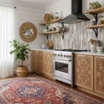 A cozy kitchen featuring peel and stick wall tiles, wooden cabinets, open shelves, and decorative accents creating a warm, in.