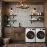Gray hexagon mosaic tile with textured surface, used as backsplash in laundry room.