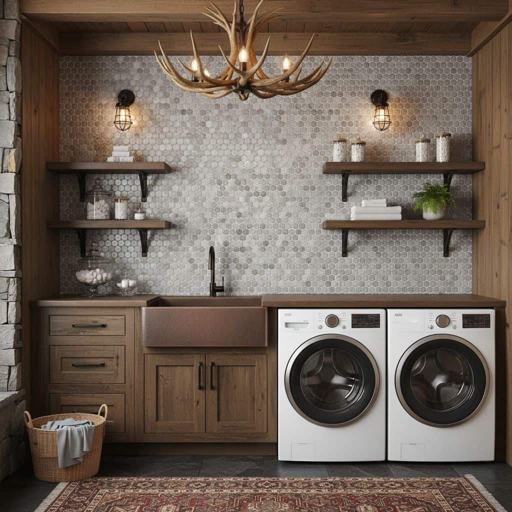 Gray hexagon mosaic tile with textured surface, used as backsplash in laundry room.