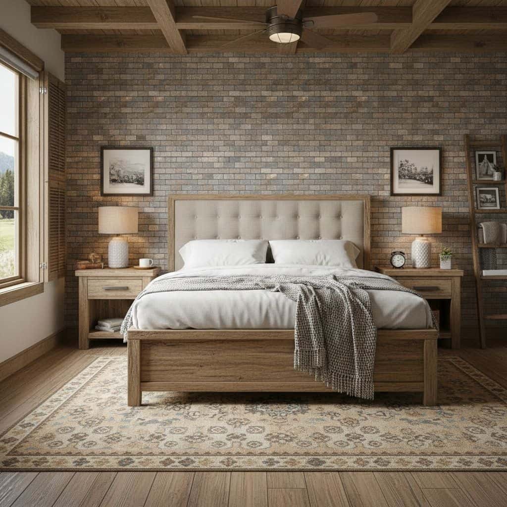 Warm-toned ceramic tiles with textured surface in a rustic bedroom setting.