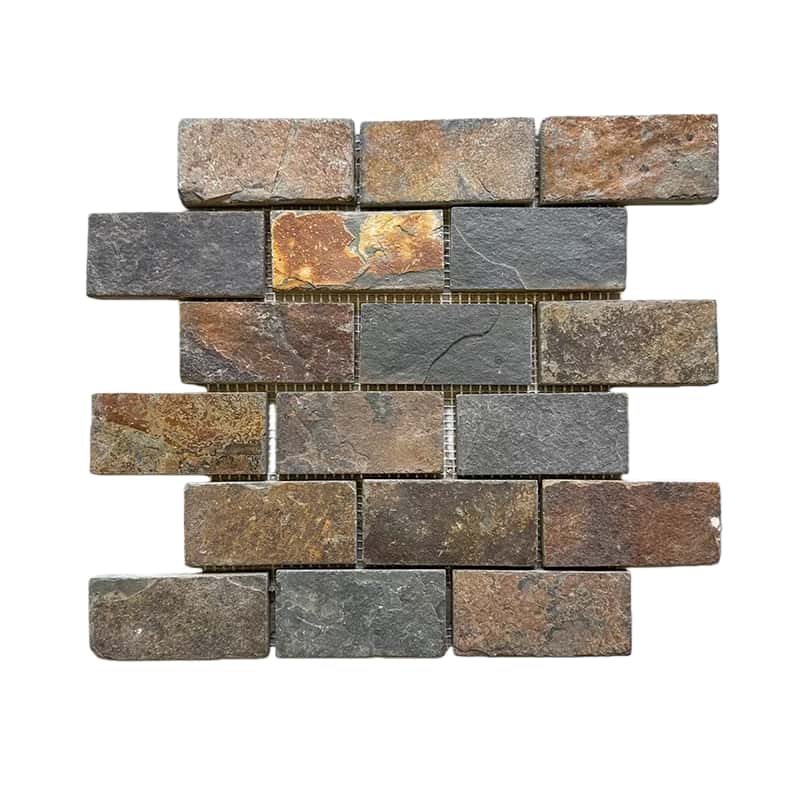 Dark gray and brown textured stone tiles with rough surface finish.