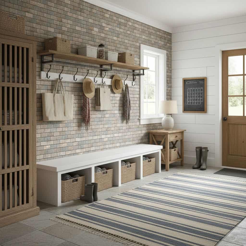 Bright entryway featuring a brick wall, wooden accents, and woven baskets for storage. Natural light and neutral tones create.