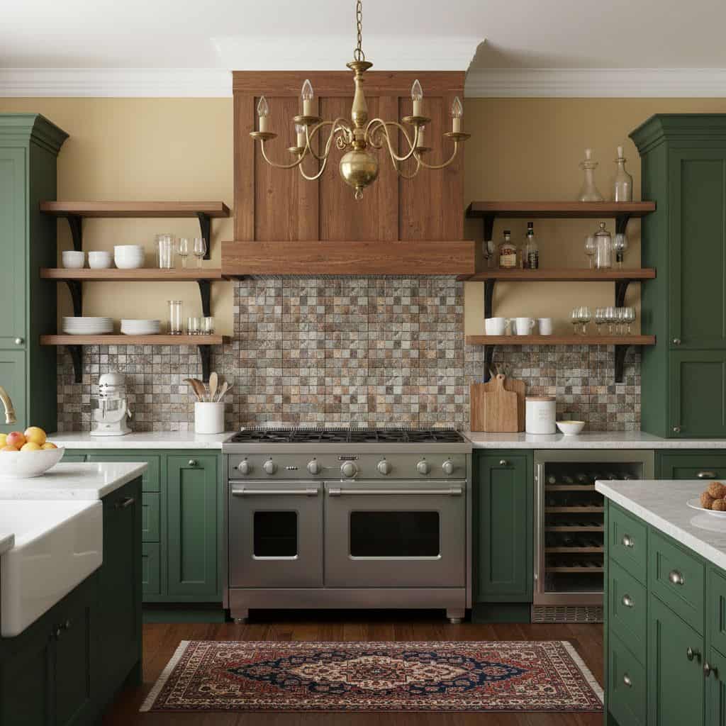Bright green kitchen cabinets with a mosaic tile backsplash in earthy tones, complemented by wooden open shelves and a vintag.