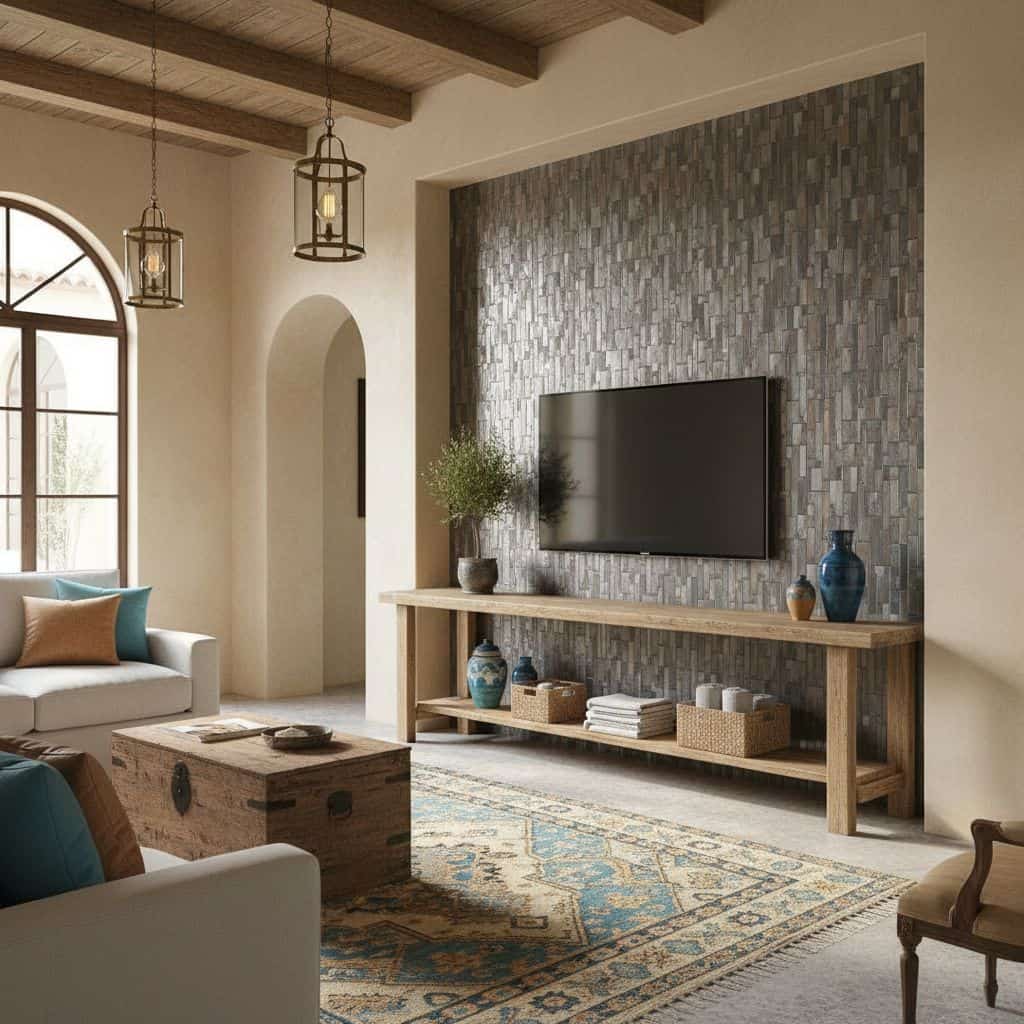 Gray textured stone tile wall with a matte finish behind the TV.
