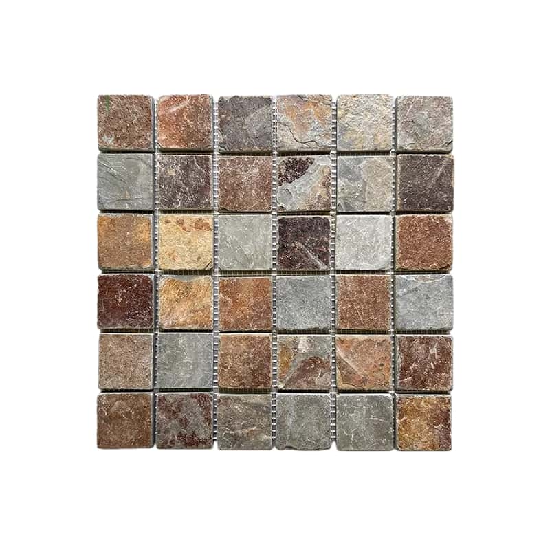 Colorful natural stone mosaic tiles with textured surface, suitable for wall and floor applications.