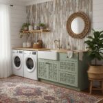 Laundry room with peel and stick wall tiles, farmhouse style sink, and decorative accents.