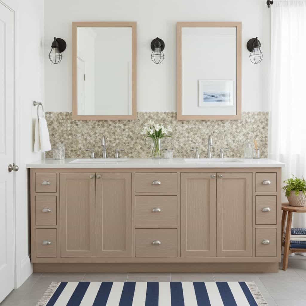 Bright bathroom featuring peel and stick wall tile behind double sinks and stylish mirror frames.