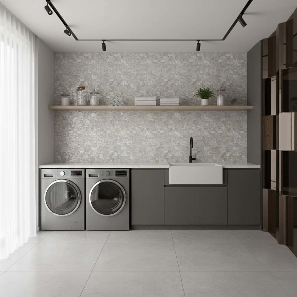 Bright laundry space featuring pearl tile accents and contemporary design elements.