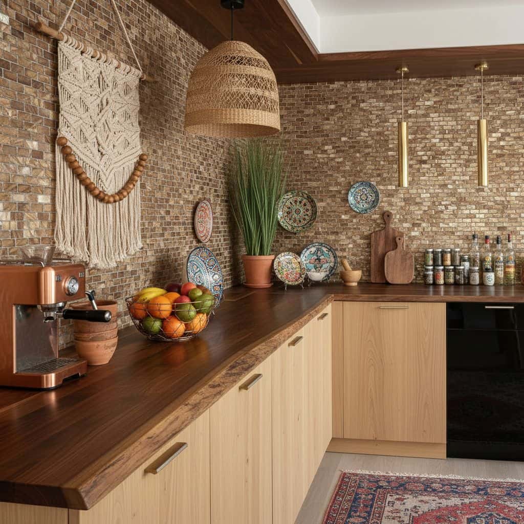 A stylish kitchen featuring a shell tile backsplash with mother of pearl accents, complemented by decorative plates and natur.