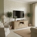 Elegant living room with a feature wall made of mother of pearl shell tiles, creating a shimmering, luxurious backdrop.