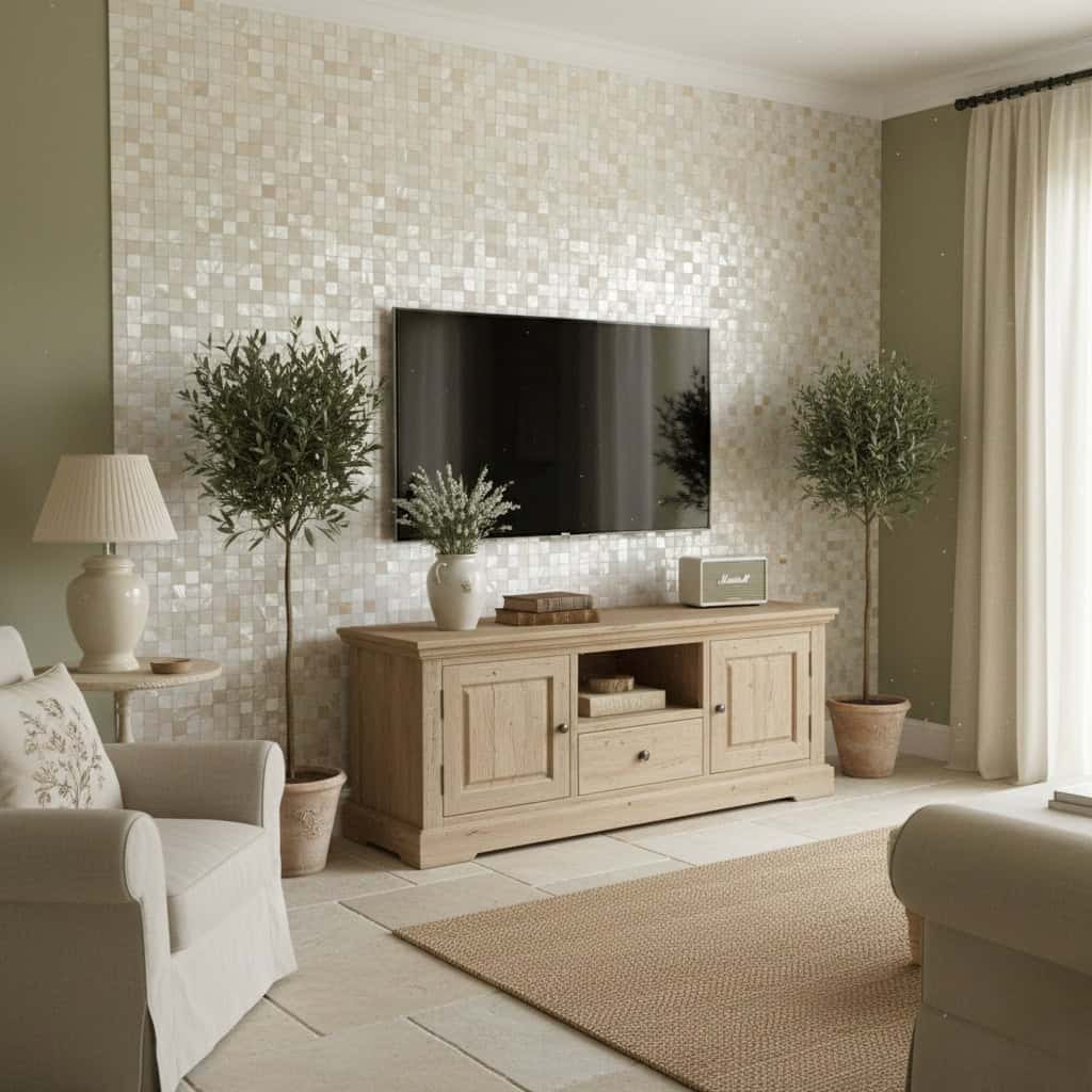 Elegant living room with a feature wall made of mother of pearl shell tiles, creating a shimmering, luxurious backdrop.