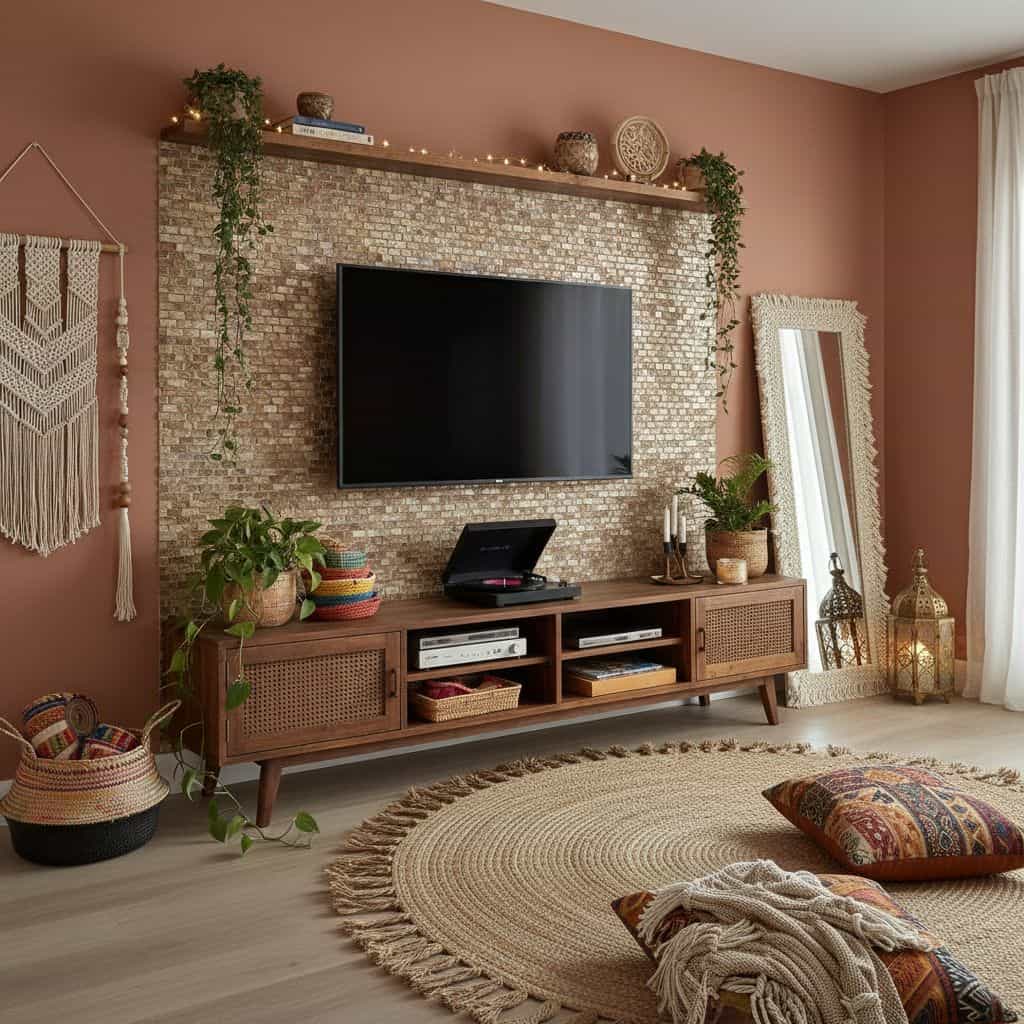 A stylish living room featuring a wall decorated with mother of pearl shell tiles, creating a shimmering, elegant backdrop fo.