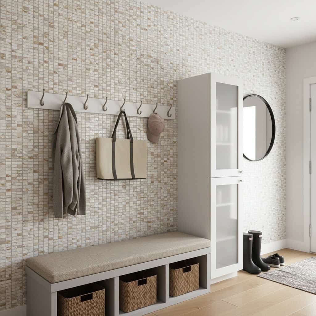 Interior view of a modern entryway with a mother of pearl shell tile accent wall, white storage cabinet, and round mirror.