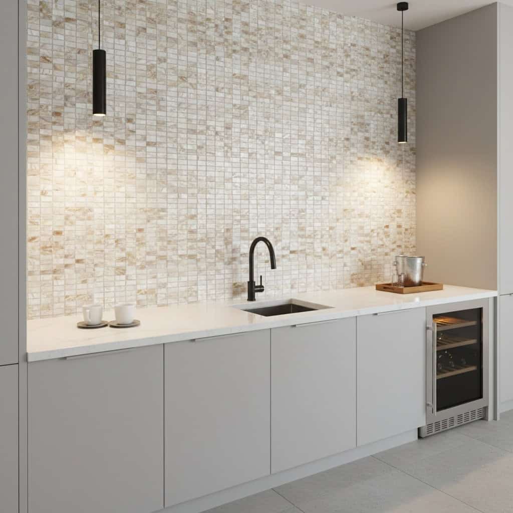 Elegant shell tile backsplash with mother of pearl accents in a modern kitchen setting.