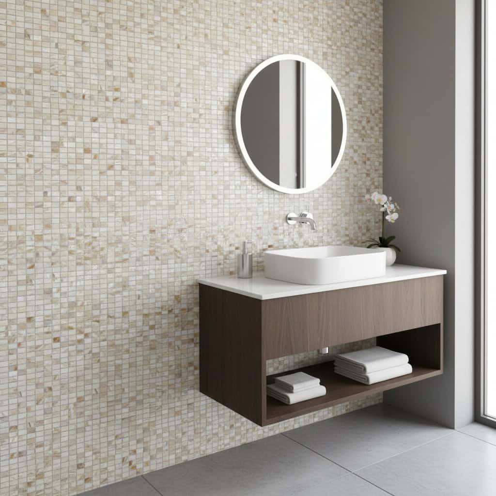 Bathroom wall with mother of pearl shell tile and modern sink.