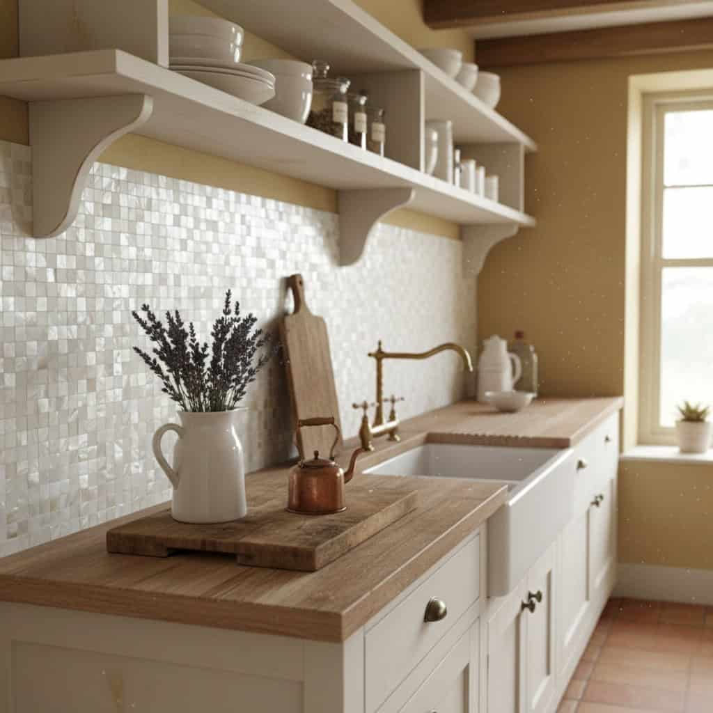 Bright kitchen with mother of pearl shell tile backsplash and wooden accents.